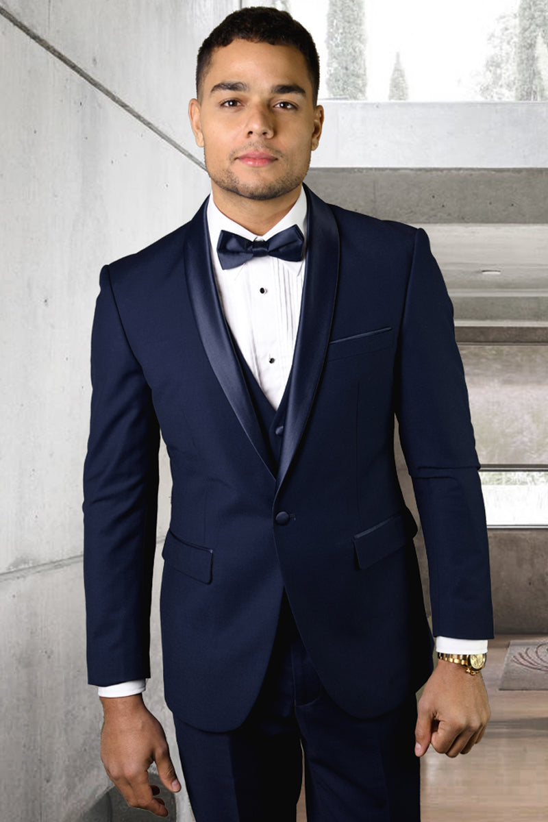 Men'S 1-Button Shawl Tuxedo Dark Navy Blue Midnight ~ Fabric Jacket & Pants Flat Front Pants
