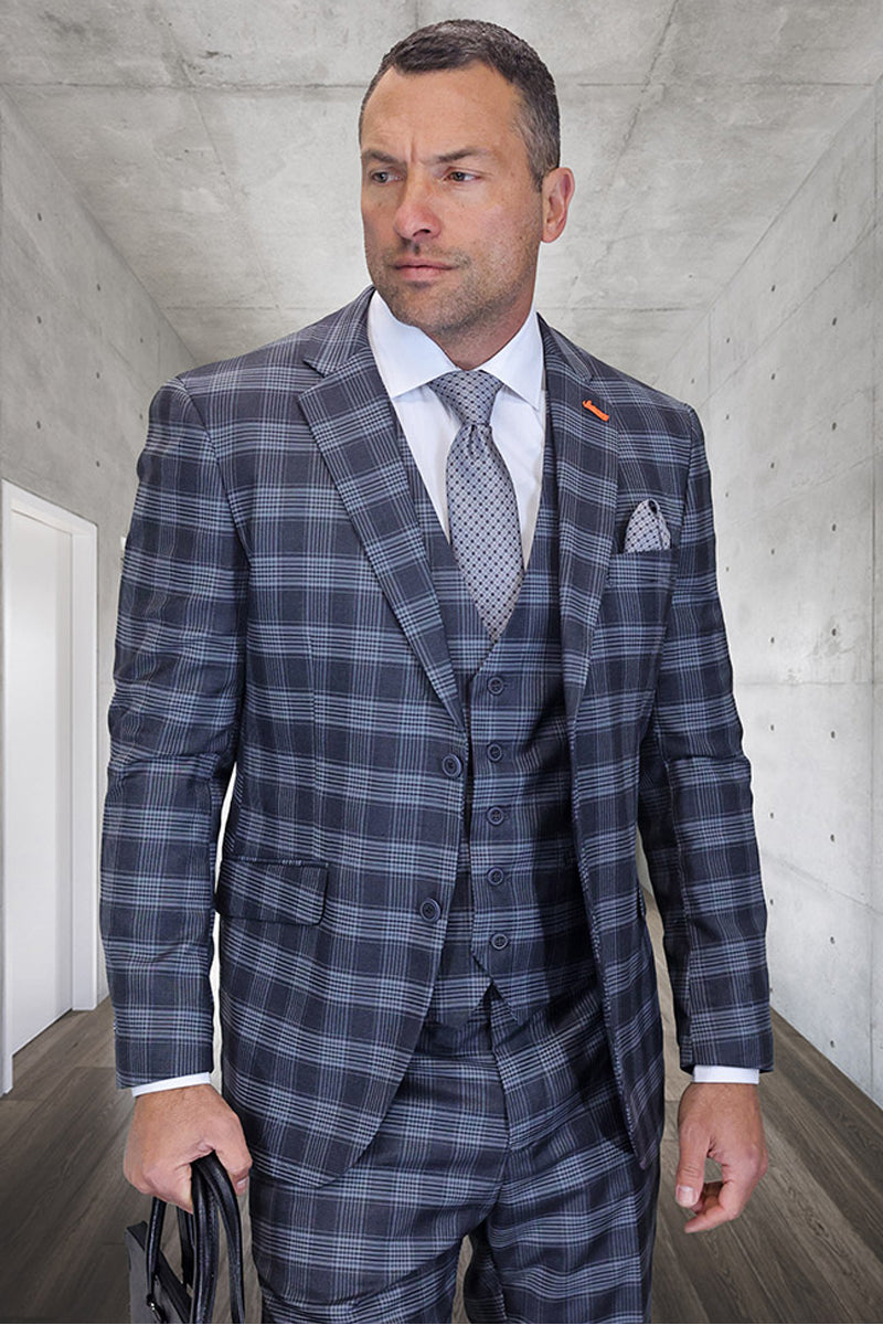 Men's Designer Two Button Vested Wool & Cashmere Suit in Black & Burgundy Windowpane Plaid