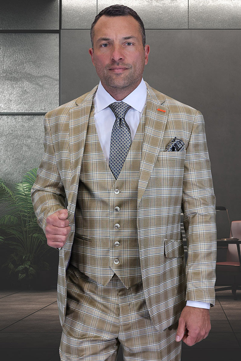 Mens 2 Button Peak Lapel Modern Plaid Suit in Tan main image 0