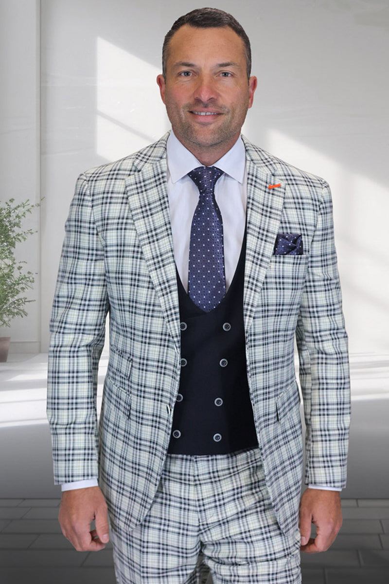 Men's Single Button Designer Wool Suit With Double Breasted Vest in Grey Windowpane Plaid main image 0