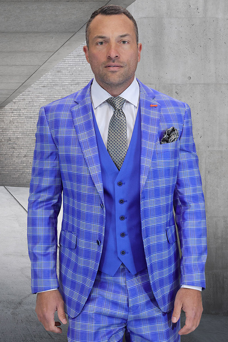 Men's Designer Modern Fit Wool Suit in French Blue Plaid with Contrasting Vest 44 Short / SteelBlue, image size:800x1200