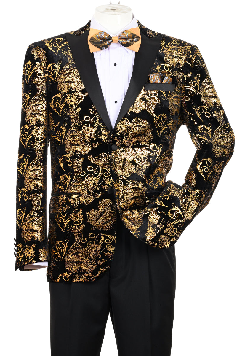 Men's Modern Fit Velvet Floral Paisley Foil Tuxedo Jacket in Gold Black
