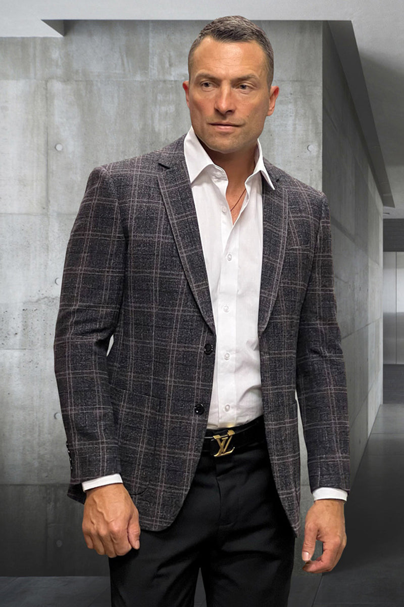 Men's Modern Fit Patch Pocket Designer Wool Summer Blazer in Brown Windowpane Plaid main image 0