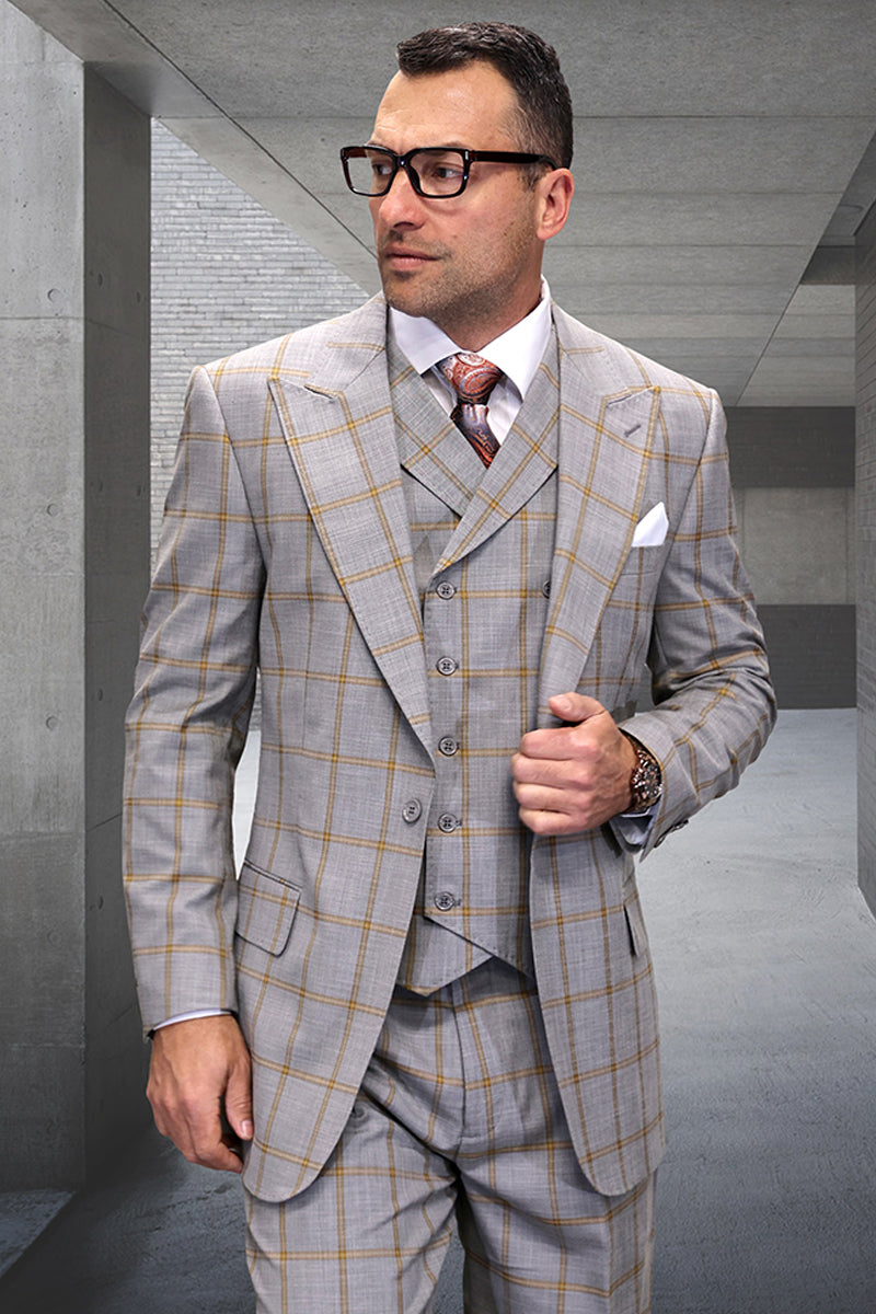 Men's Designer One Button Peak Lapel Vested Wool Suit in Tan & Gold Windowpane Plaid 40 Regular / Tan Men's Designer One Button Peak Lapel Vested Wool Suit in Tan & Gold Windowpane Plaid 40 Regular / Tan