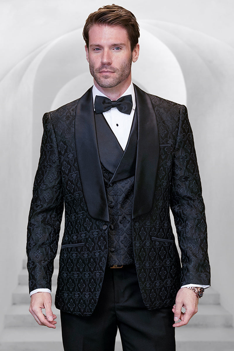 Men's Designer Vested Contrast Peak Lapel Wool Wedding & Prom Tuxedo in White Paisley & Burgundy