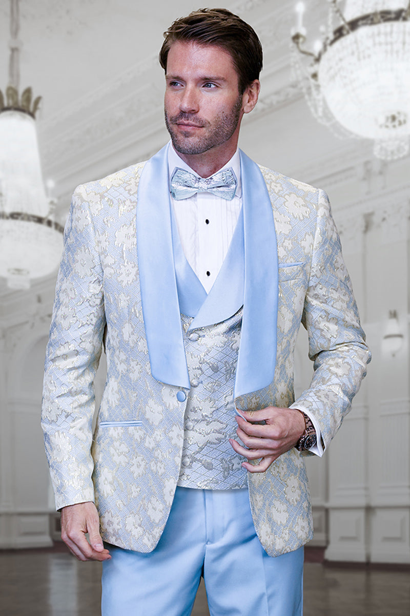 Men's Designer Vested Contrast Peak Lapel Wool Wedding & Prom Tuxedo in White Paisley & Red main image 1