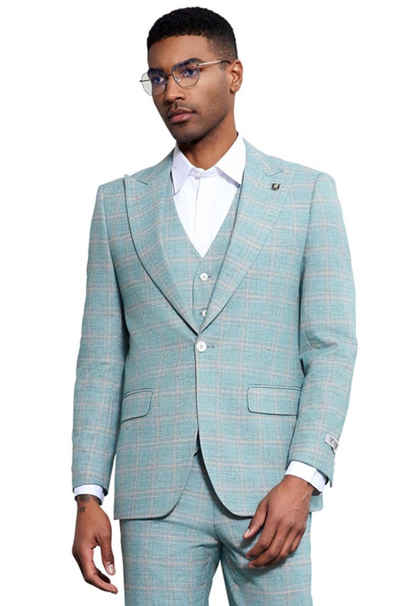 Stacy Adams Men's 3 Piece Windowpane Suit - Hybrid Fit - Turquoise - 42r
