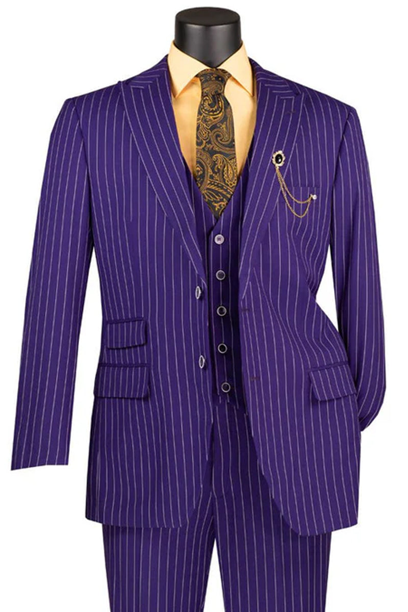 Vinci Mens Purple Gangster Pinstripe Suit with Vest V2RS-9 Vinci Mens Purple Gangster Pinstripe Suit with Vest V2RS-9