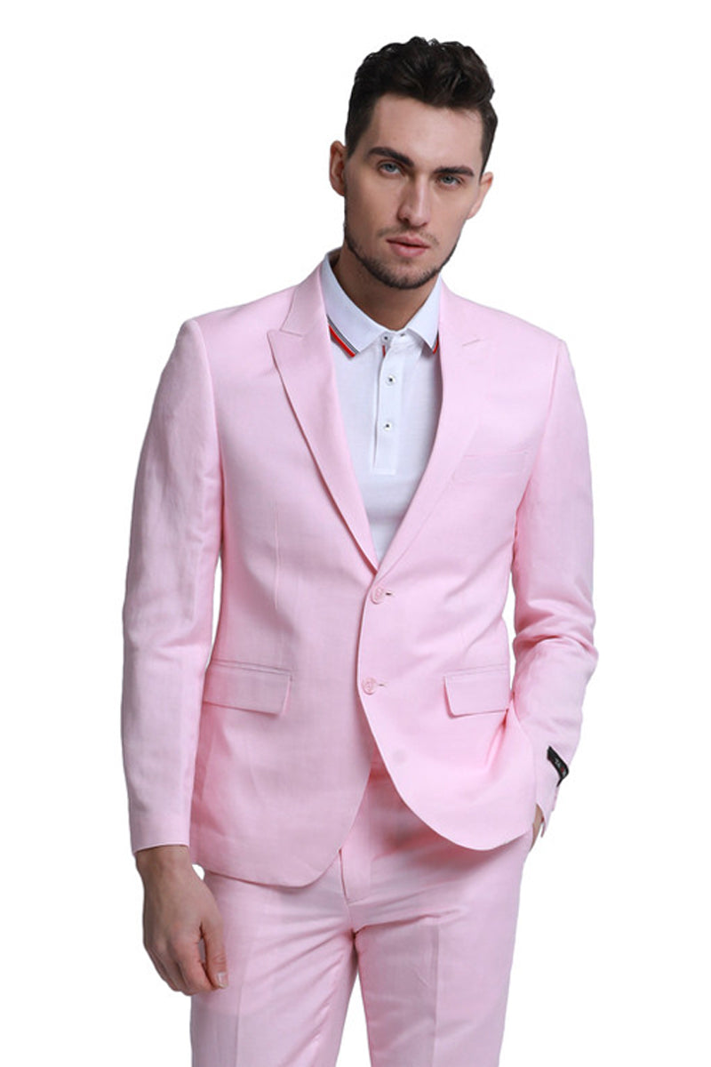 Men's Two Button Peak Lapel Summer Linen Style Beach Wedding Suit in Pink 40 Regular / Pink
