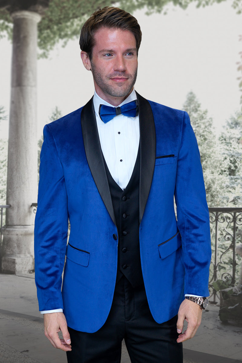 Men's Designer Vested Velvet Wedding Prom Tuxed in Royal Blue
