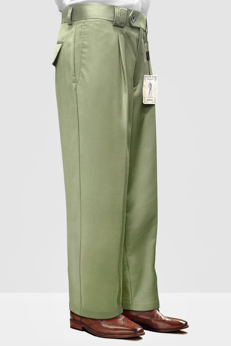 Men's Designer Wool Pleated Wide Leg Dress Pants in Apple Green Men's Designer Wool Pleated Wide Leg Dress Pants in Apple Green