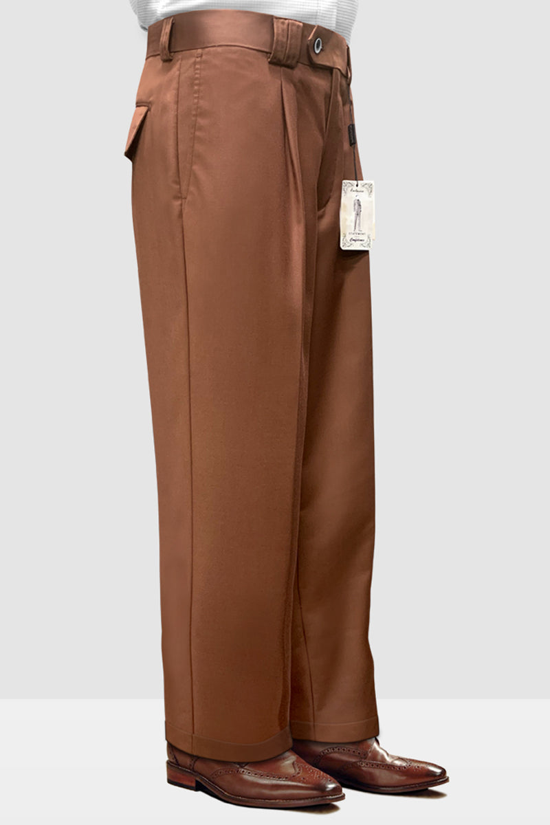 Men's Designer Wool Pleated Wide Leg Dress Pants in Copper, 34 / Copper