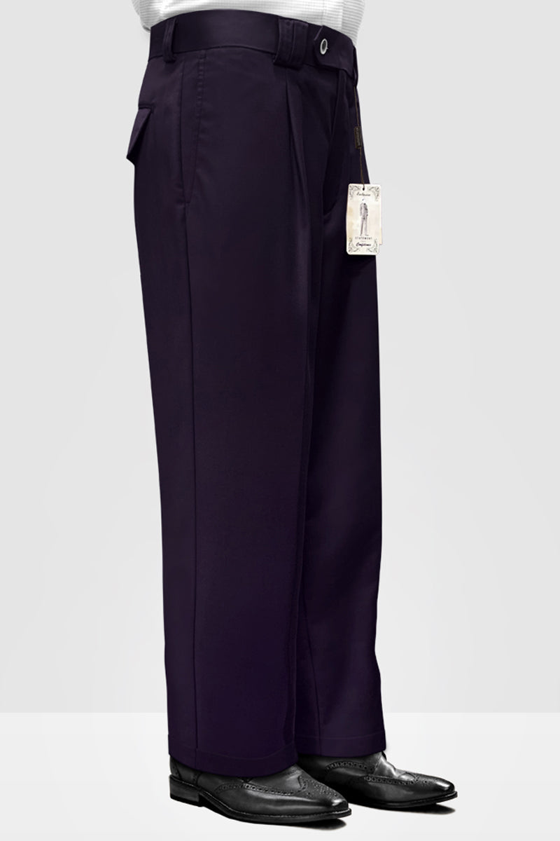Men's Designer Wool Pleated Wide Leg Dress Pants in Eggplant Purple, 44 / Eggplant Men's Designer Wool Pleated Wide Leg Dress Pants in Eggplant Purple, 44 / Eggplant