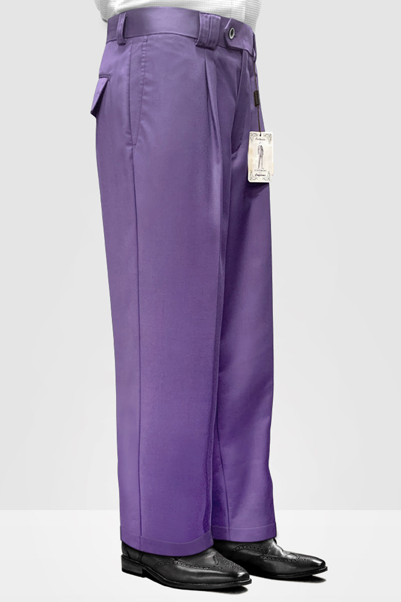 mens purple dress slacks Men's Designer Wool Pleated Wide Leg Dress Pants in Lavender, 44 / Lavender