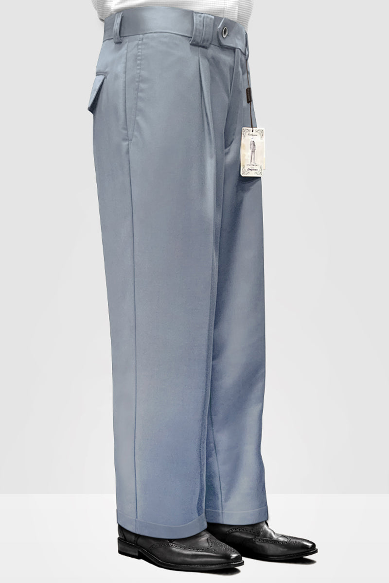 designer dress pants Men's Designer Wool Pleated Wide Leg Dress Pants in Steel Blue, 40 / SteelBlue