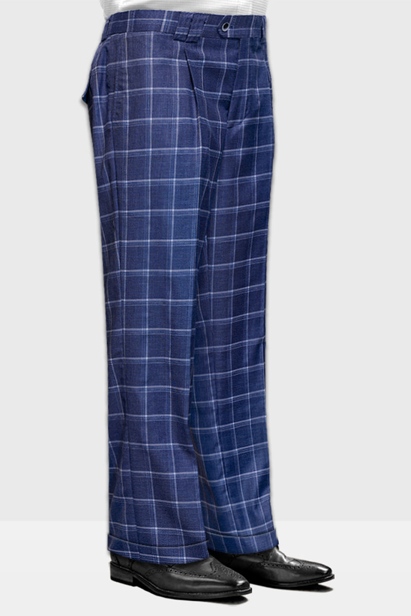 Men's Designer Wool Pleated Wide Leg Dress Pants in Indigo Blue Windowpane  Plaid