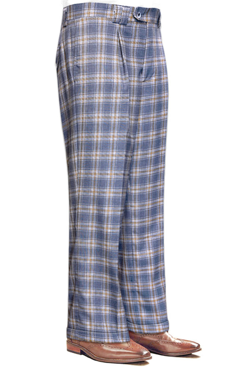 male high waisted pleated dress pants plaid gray Slim Gray Plaid Wool-blend Suit Pant