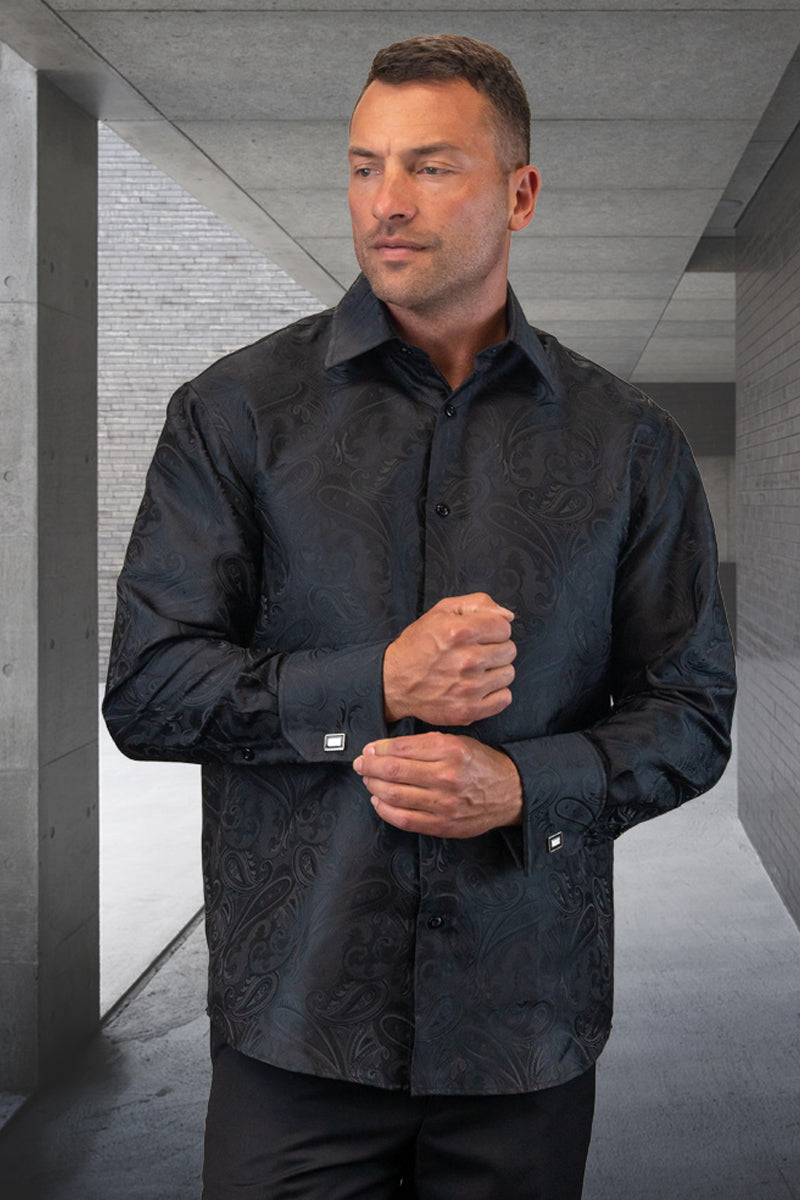 Men's Fancy Long Sleeve Woven Paisley Dress Shirt in Black X-Large / Black