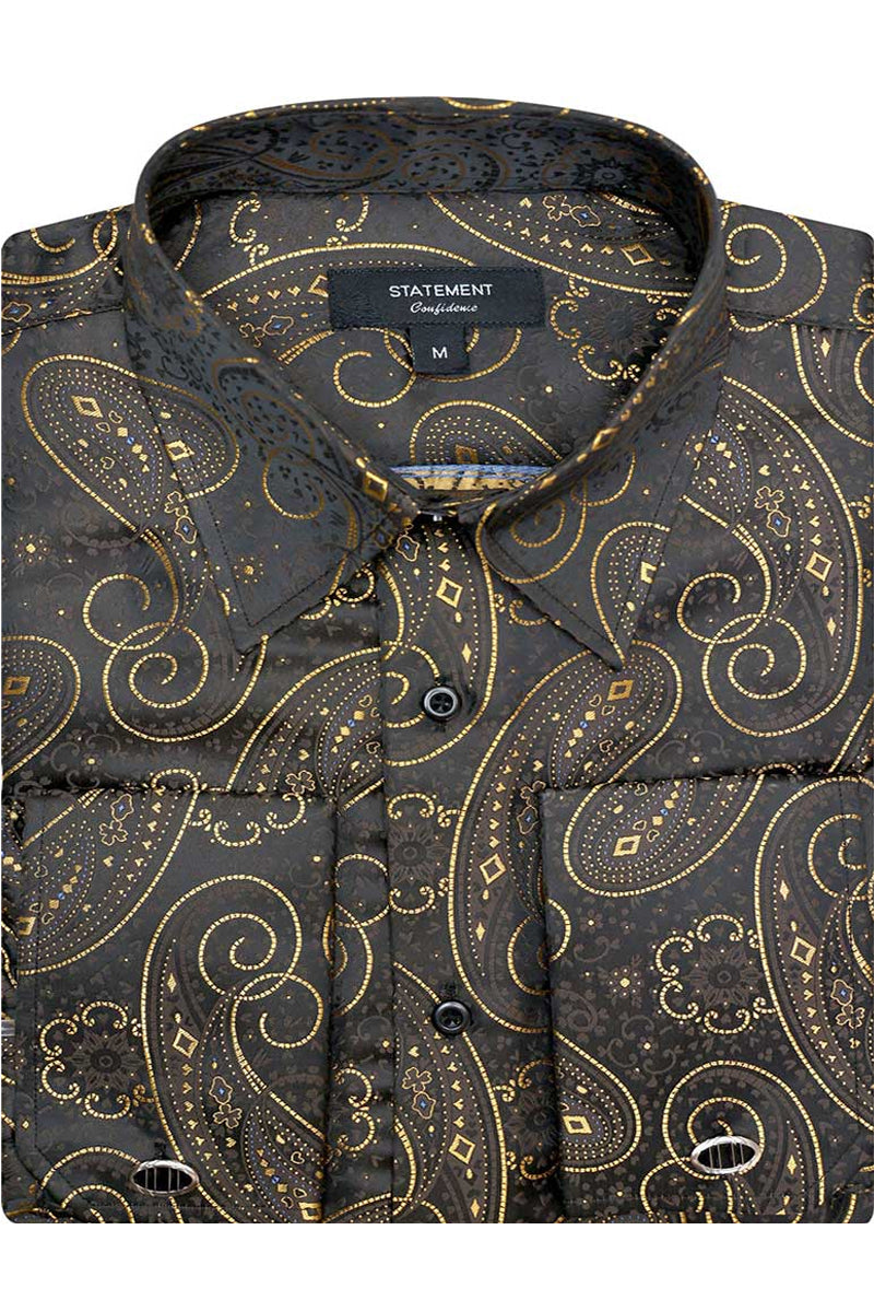 mens gold long sleeve dress shirt Men's Fancy French Cuff Long Sleeve Dress Shirt in Gold Paisley 3X-Large / Gold