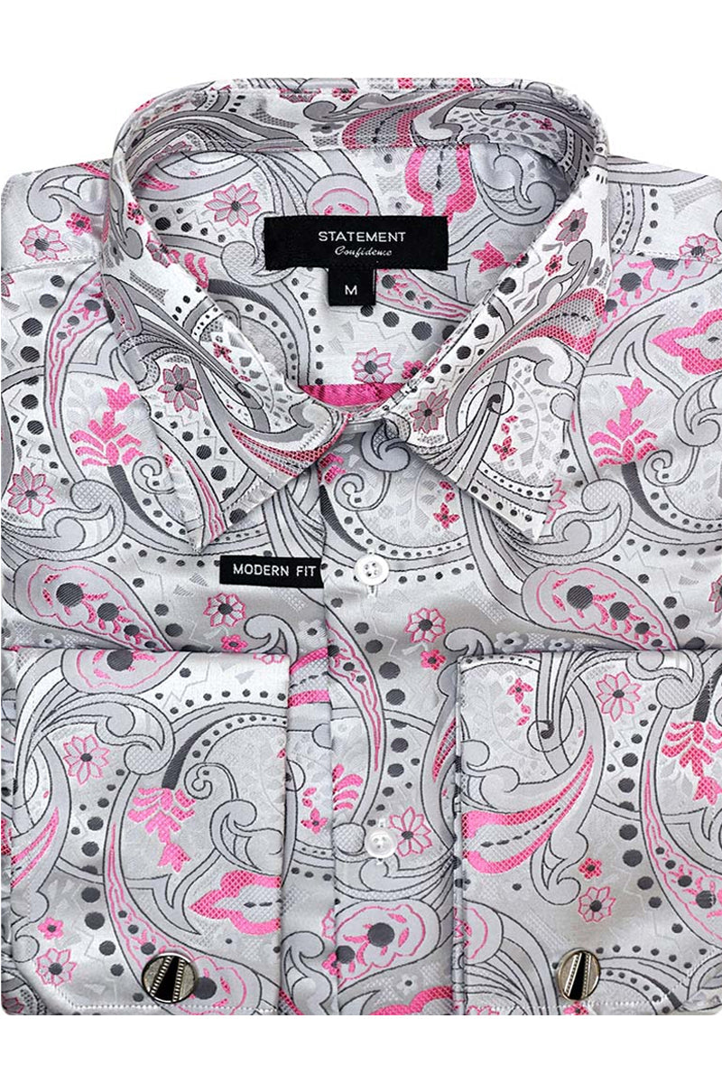 Men's Fancy French Cuff Long Sleeve Dress Shirt in Grey & Pink Paisley –  SignatureMenswear