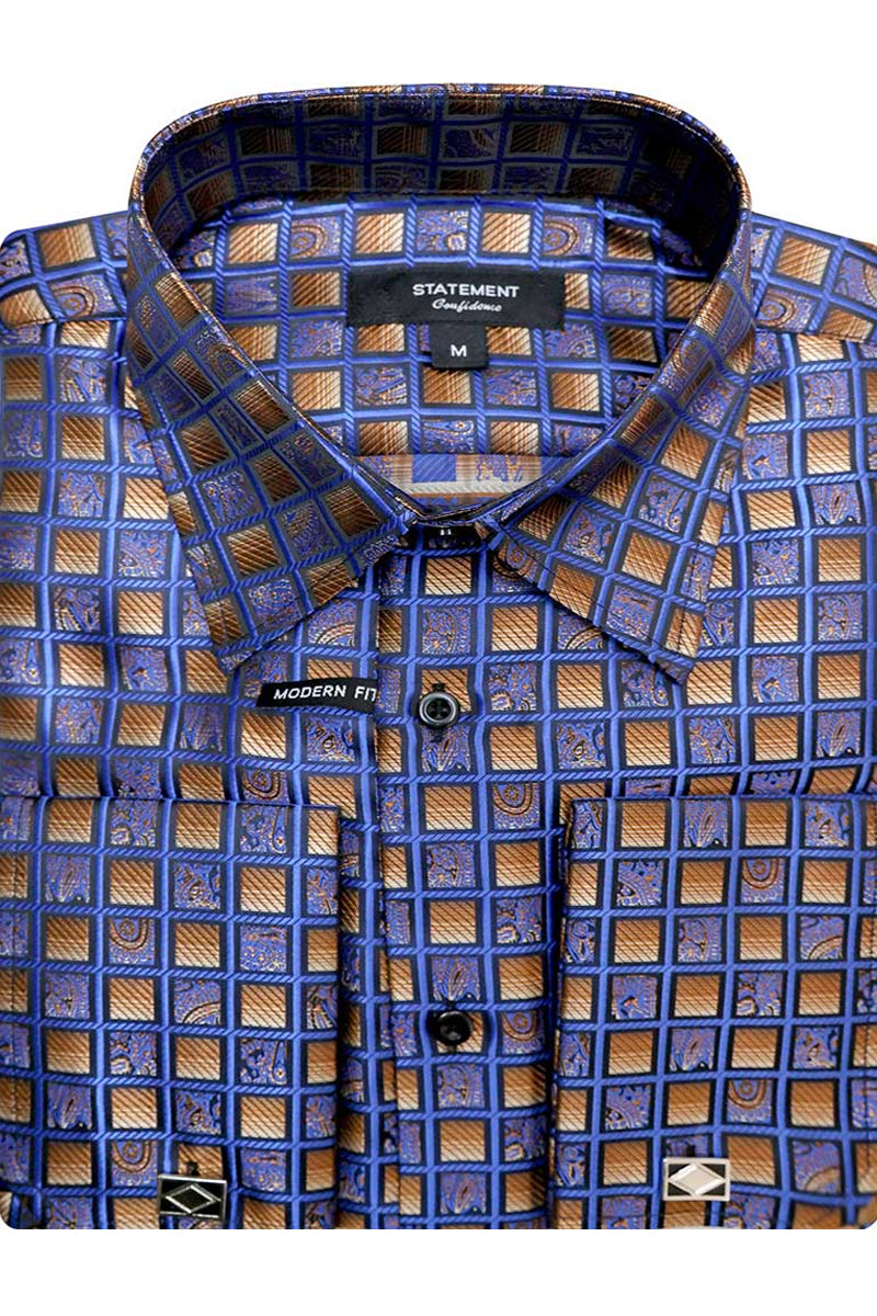 Men's Fancy French Cuff Long Sleeve Dress Shirt in Royal Blue Check, X-Large / Royal