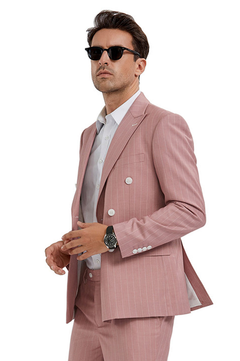 Men's Designer Double Breasted Wool Suit in Bold Navy Blue Gangster Pinstripe.