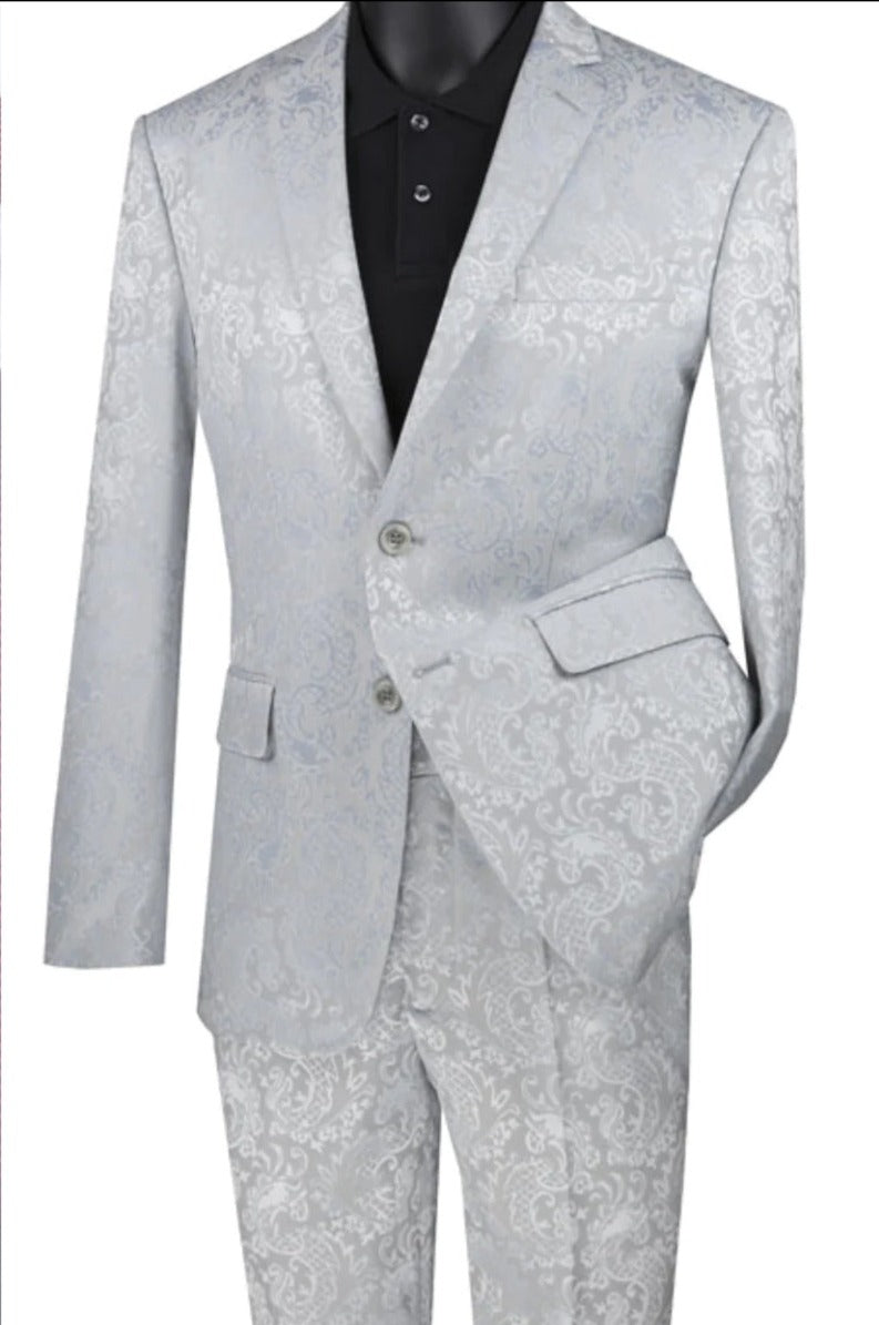 Men's Slim Fit Shiny Paisley Prom Wedding Suit in Silver Grey