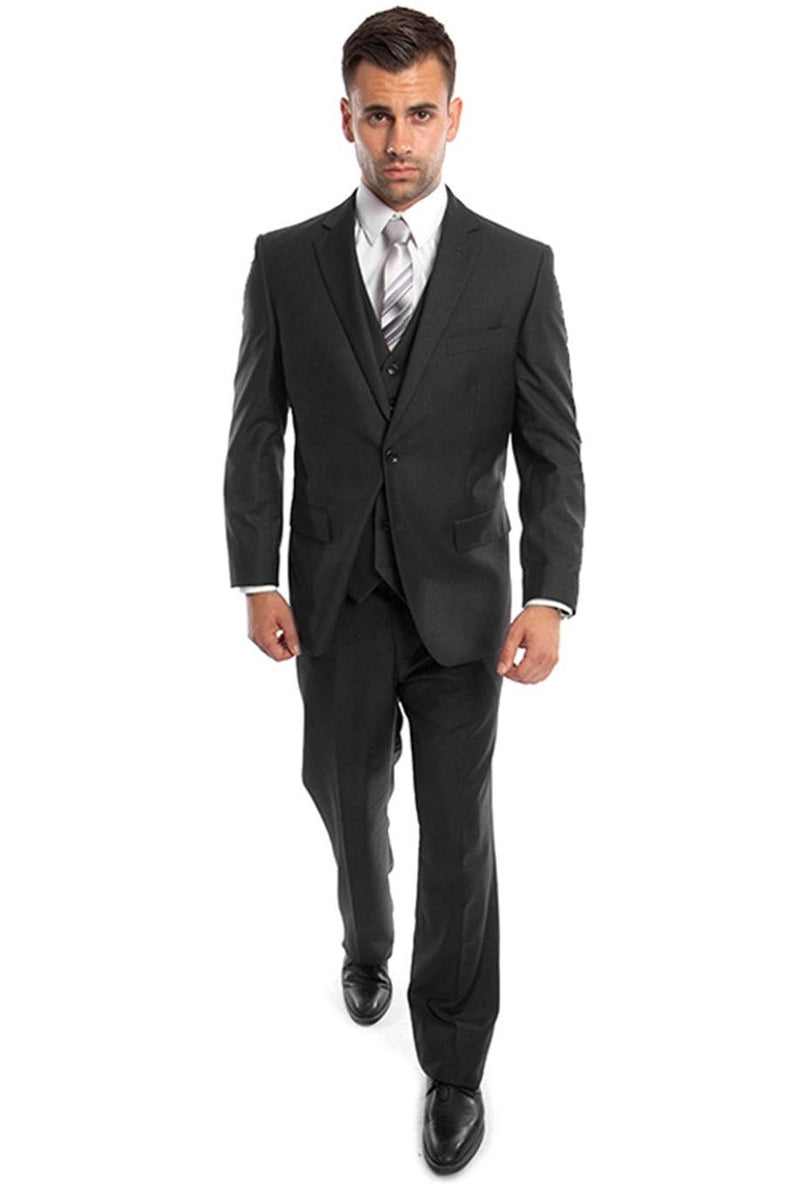 Men's Vested Two Button Solid Color Wedding & Business Suit in Black