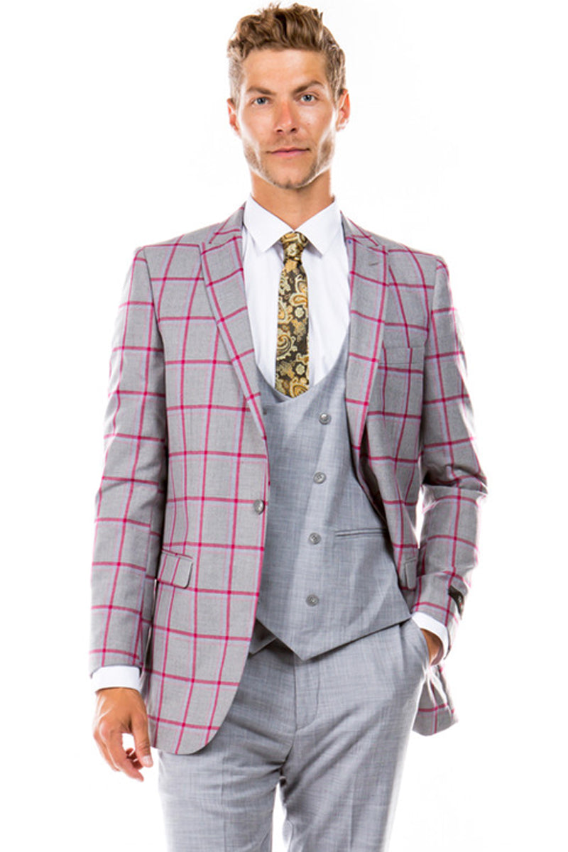 Mens Vested One Button Peak Lapel Burgundy Windowpane Wool Suit main image 0