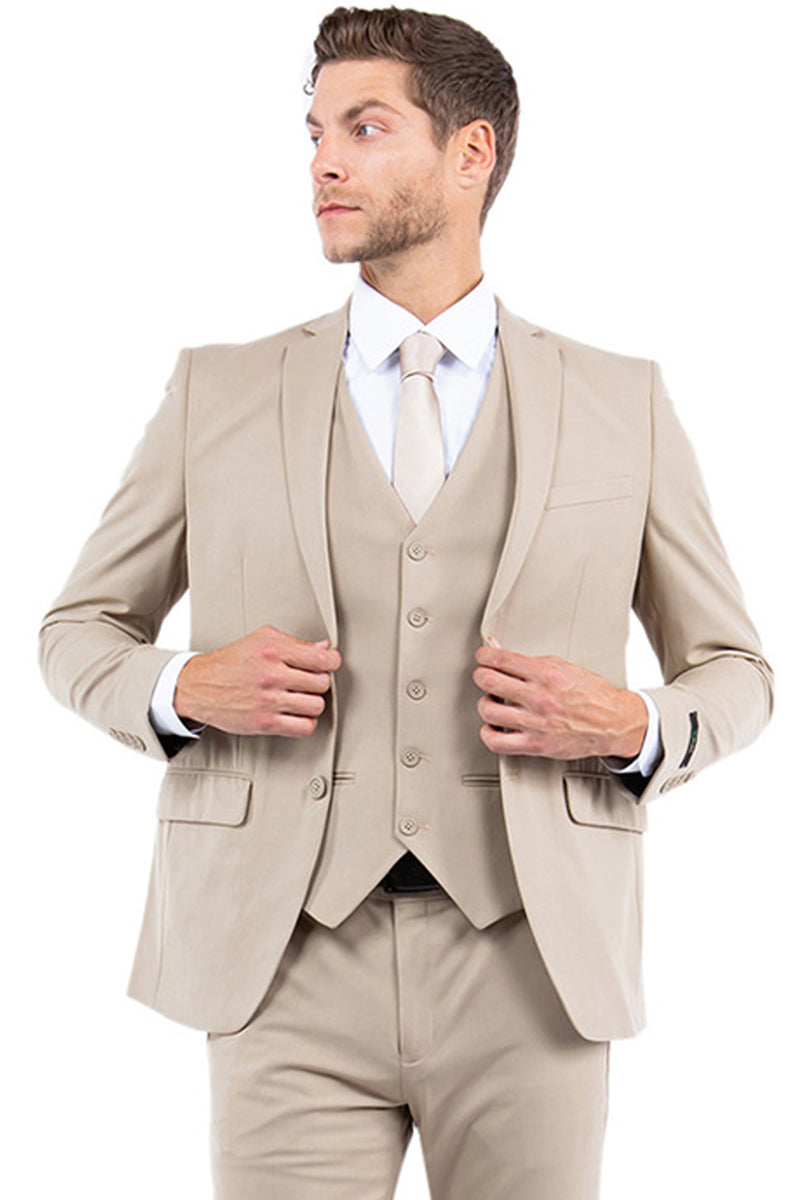 Men's One Button Vested Slim Fit Business Wedding Suit in Tan