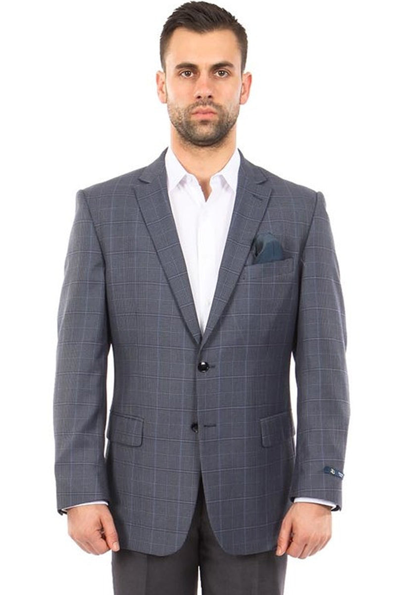 Mens Blue and Grey Windowpane Plaid Blazer –  Casual Sport Coat