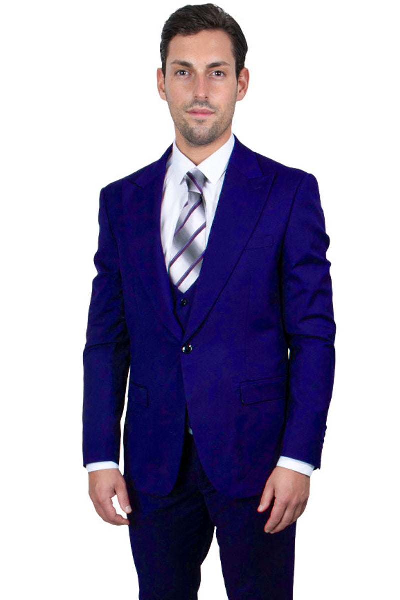 Men's Stacy Adams One Button Peak Lapel Vested Suit in Black Sharkskin Windowpane