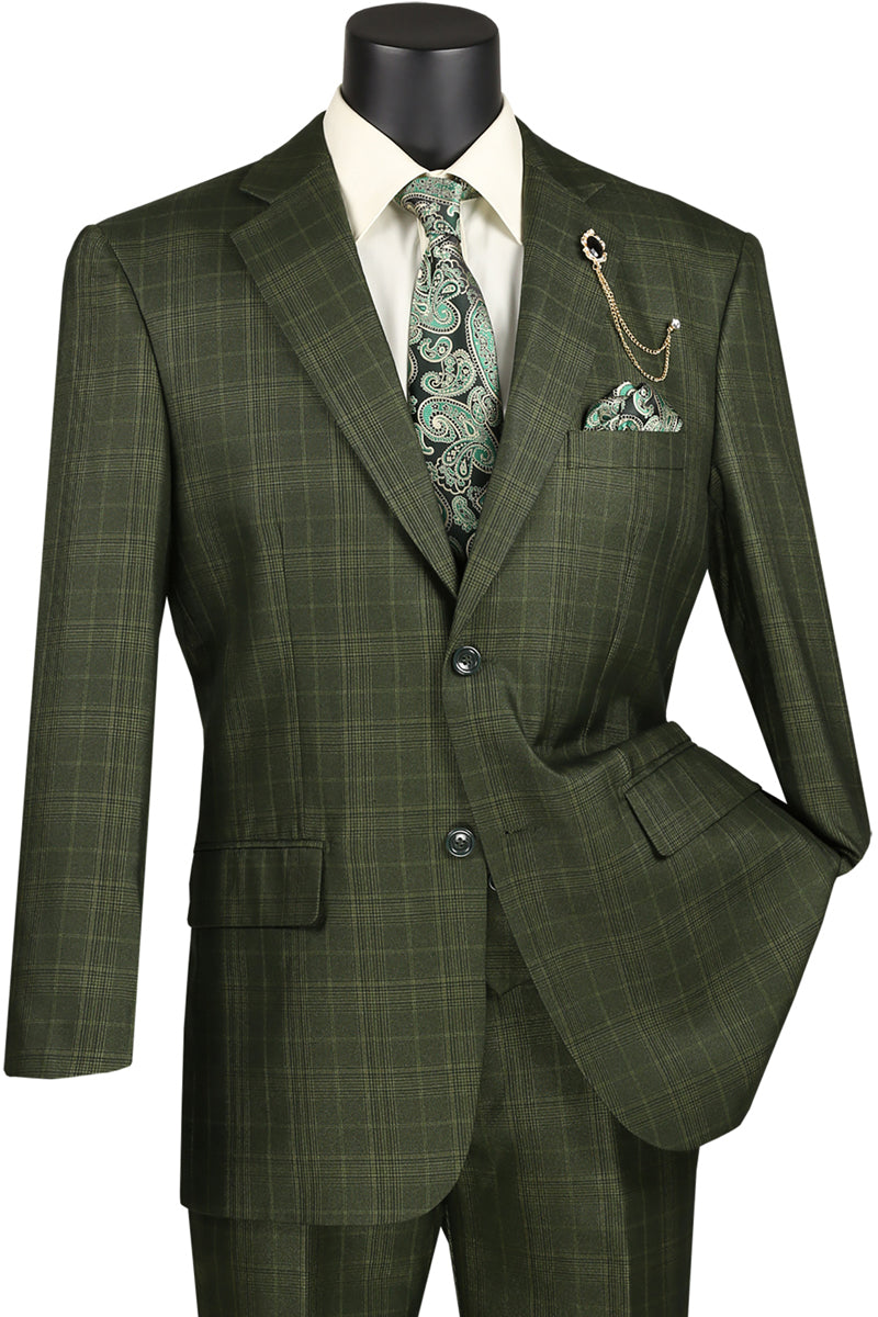 Mens Button Vested Peak Lapel Plaid Windowpane Suit in Olive