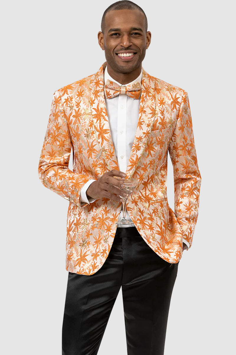 Mens One Button Shawl Lapel Shiny Paisley Prom Tuxedo Jacket in Orange
