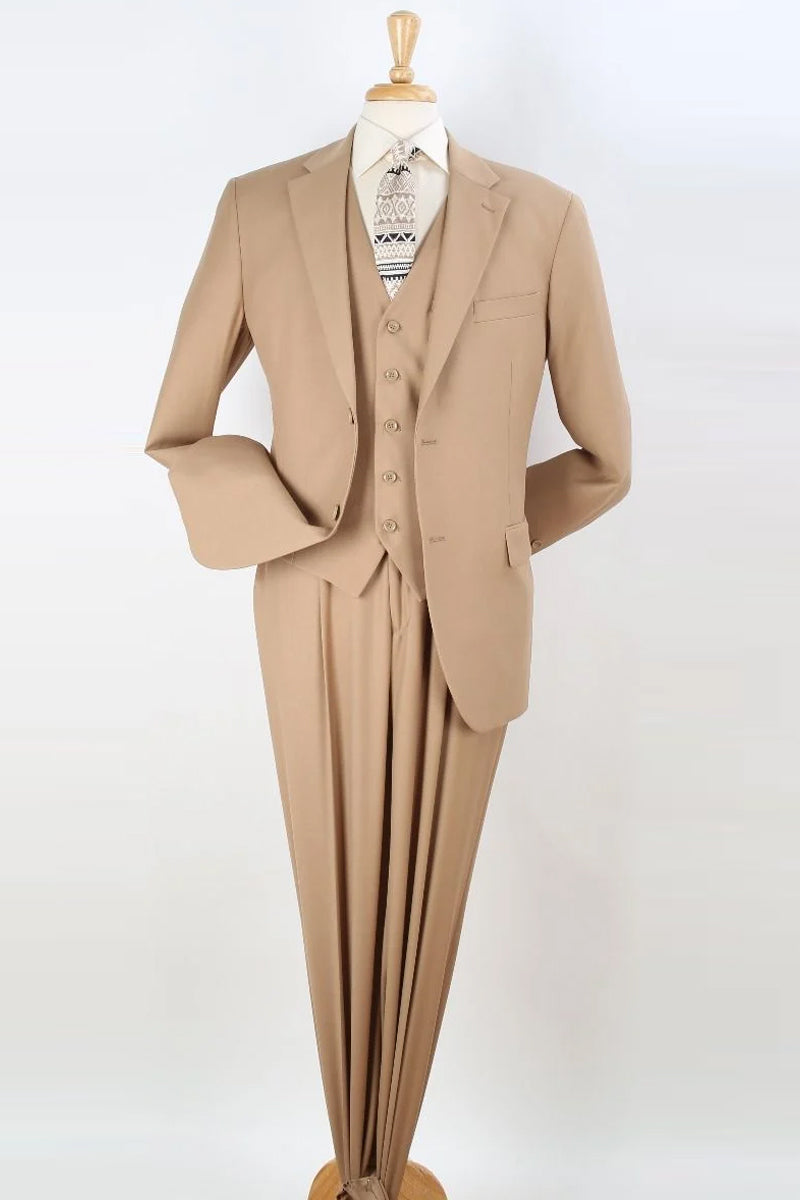 Mens Two Button Classic Fit Vested Suit in Tan