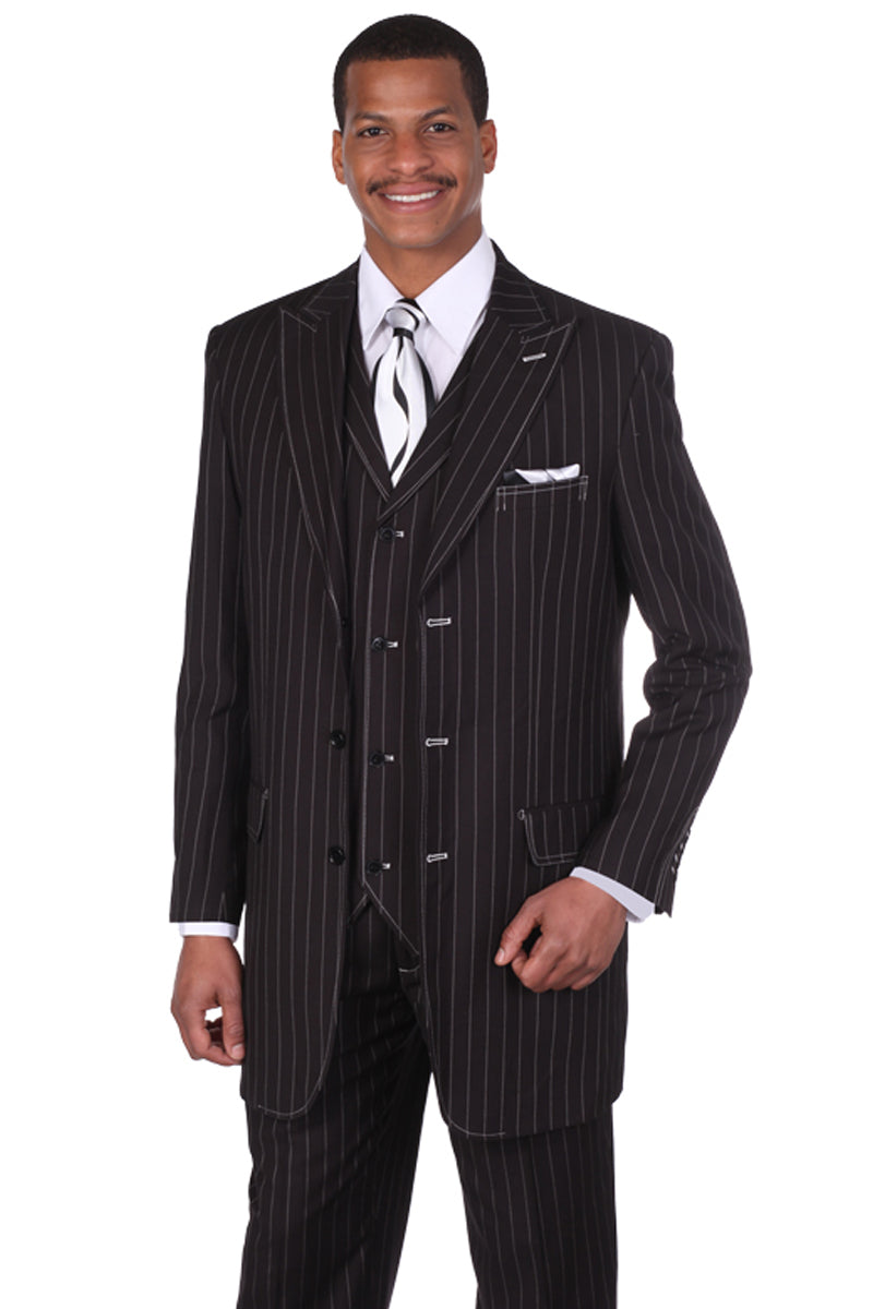 Men's Designer Wool Pleated Pant Vested Suit in Bold Navy Gangster Pinstripe