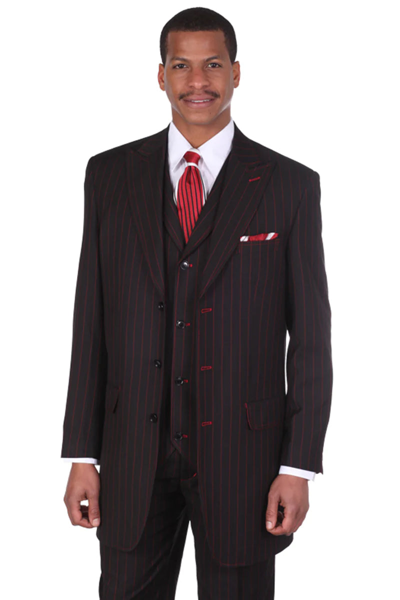 Mens Vintage Vested Gangster Bold Pinstripe Fashion Suit in Black and Red 40 Regular / Black