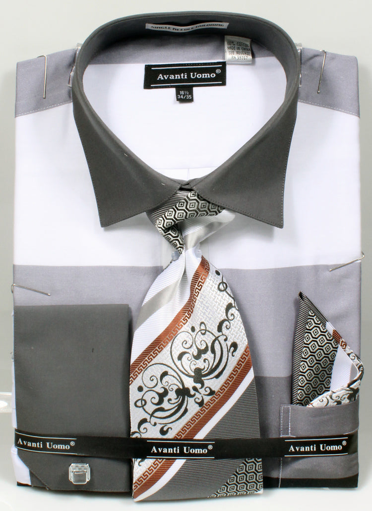 Men's Contrast Collar Wide Horizontal Stripe French Cuff Dress Shirt,   SignatureMenswear