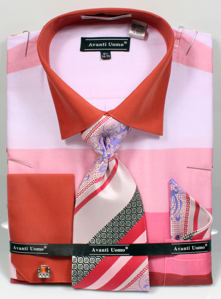Men's Contrast Collar Wide Horizontal Stripe French Cuff Dress Shirt, Tie, & Hanky Set in Pink 20½ 36/37 / Pink