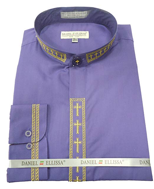 Men's Cross Embroidered Banded Collar Dress Clergy Shirt in Purple & Gold, 16 34/35 / Purple/Gold Men's Cross Embroidered Banded Collar Dress Clergy Shirt in Purple & Gold, 16 34/35 / Purple/Gold