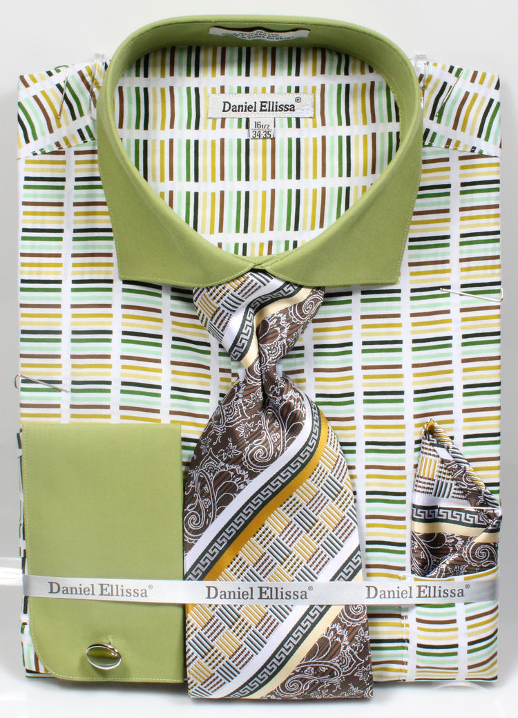 Men's Wide Spread Collar Contrast Cuff Horizontal Multi Stripe Dress Shirt & Tie Set in Green 16½ 36/37 / Green