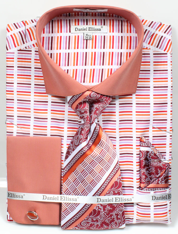 rust dress shirt Men's Wide Spread Collar Contrast Cuff Horizontal Multi Stripe Dress Shirt & Tie Set in Rust 22½ 37/38 / Rust