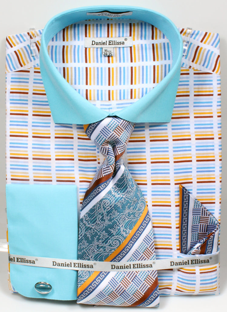 Men's Wide Spread Collar Contrast Cuff Horizontal Multi Stripe Dress Shirt & Tie Set in Turquoise, 18 36/37 / Turquoise Men's Wide Spread Collar Contrast Cuff Horizontal Multi Stripe Dress Shirt & Tie Set in Turquoise, 18 36/37 / Turquoise