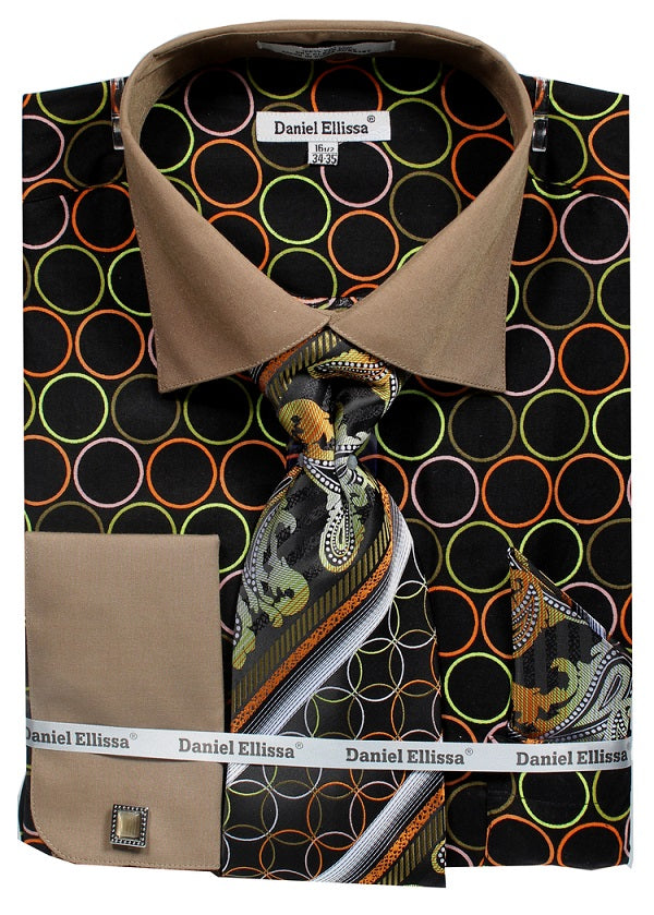 Men's Interlocking Ring Pattern French Cuff Orange Cotton Dress Shirt main image 1