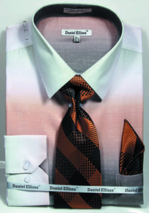 Men's Multi-Color Faded Print Dress Shirt & Tie Set in Beige Men's Multi-Color Faded Print Dress Shirt & Tie Set in Beige