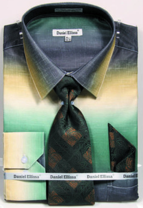 Men's Multi-Color Faded Print Dress Shirt & Tie Set in Green 20 36 / Green Men's Multi-Color Faded Print Dress Shirt & Tie Set in Green 20 36 / Green