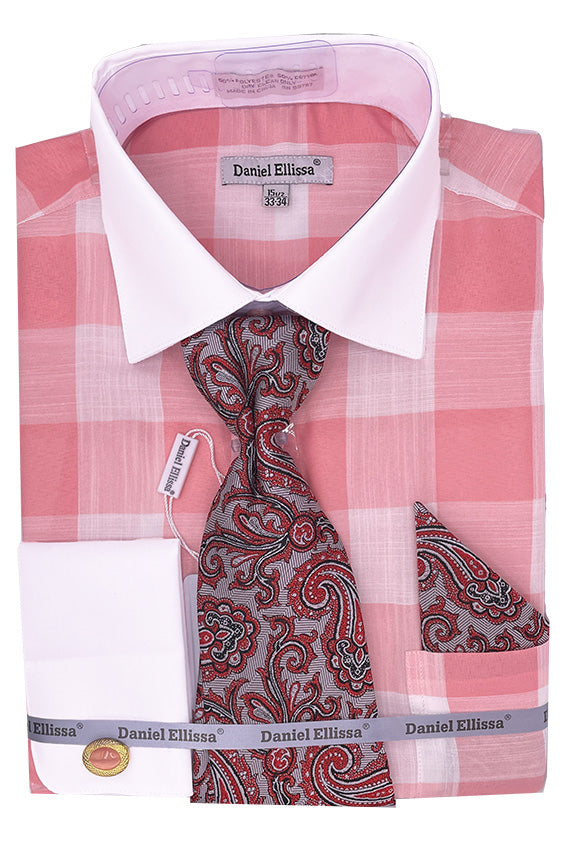 Men's Contrast Collar & French Cuff Picnic Plaid Dress Shirt Set in Coral Pink, 16½ 36/37 / Coral