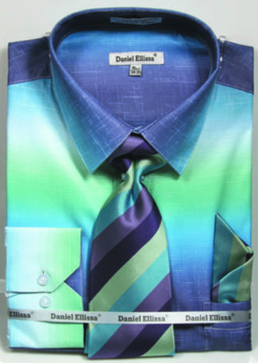 Men's Multi-Color Faded Print Dress Shirt Tie Set in Aqua Blue