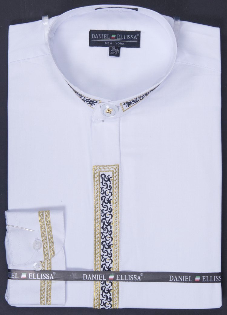 Men s Banded Collar Dress Shirt in White with Gold Embroidery