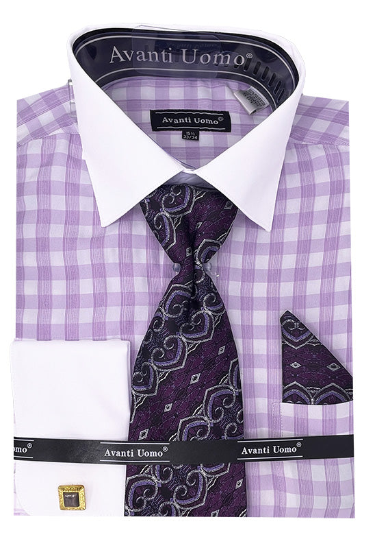 Men's Contrast Collar French Cuff Checkered Plaid Dress Shirt Set in Lilac, 18 34/35 / Lilac Men's Contrast Collar French Cuff Checkered Plaid Dress Shirt Set in Lilac, 18 34/35 / Lilac